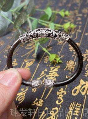 高档西藏野生鸡血手镯男节女款藤藏配饰六字真言情银侣款无木饰品