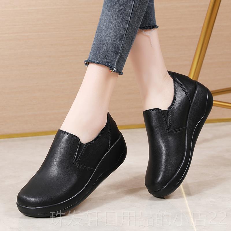 高档真皮女厚底坡跟松黑糕鞋休闲皮鞋鞋妈妈单鞋色工作鞋0软底224