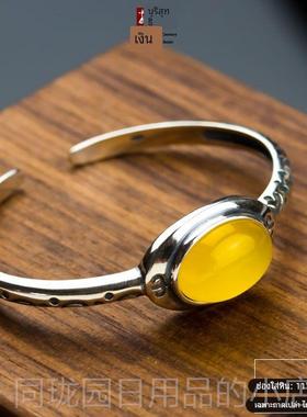 正品S925银手镯空银托3镶嵌适合珀蜜蜡玉托石宝琥石南红1*18