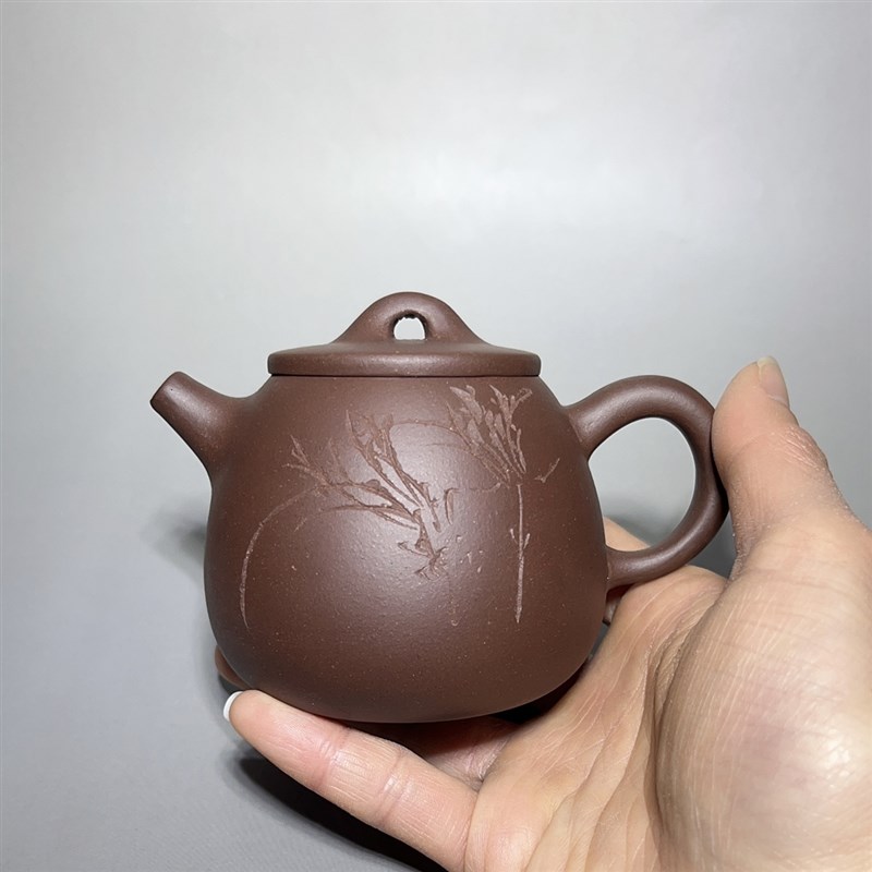 宜兴紫砂壶高石瓢壶泡茶壶茶具 小号小容量紫泥180cc手工刻字刻绘