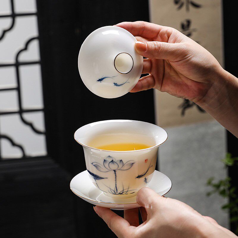 羊脂玉手绘三才盖子碗茶杯泡茶碗白瓷大号敬茶碗单个陶瓷功夫茶具