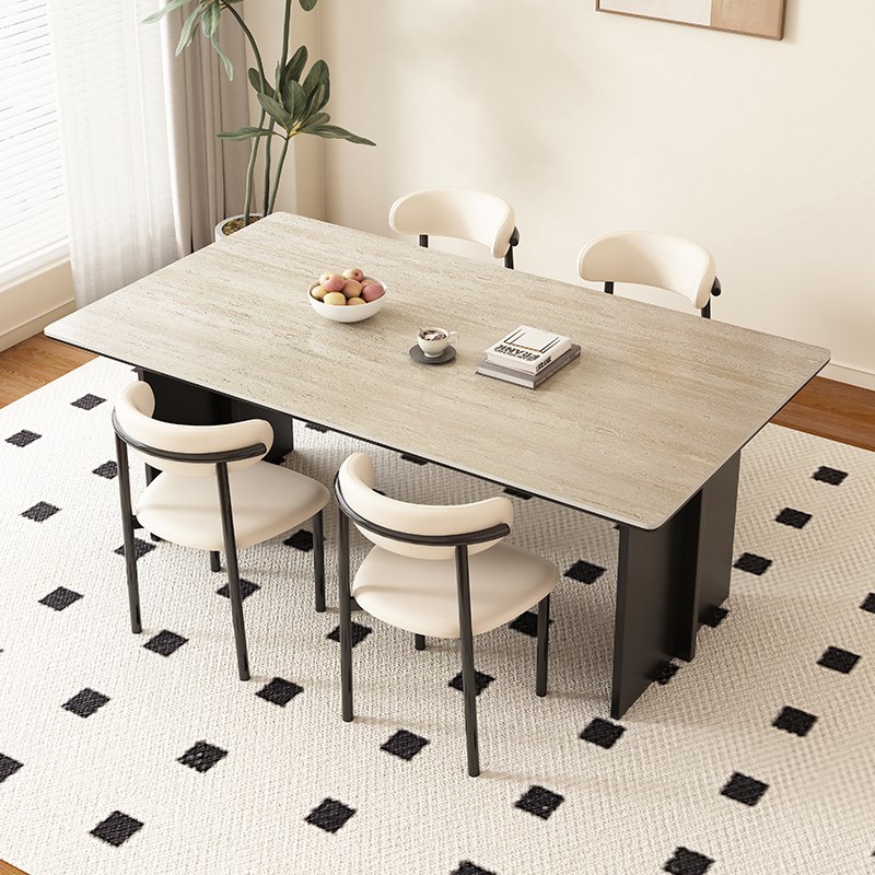 馨佰利洞石岩板餐桌2024新款家用小户型客厅长方形碳素钢实用餐桌