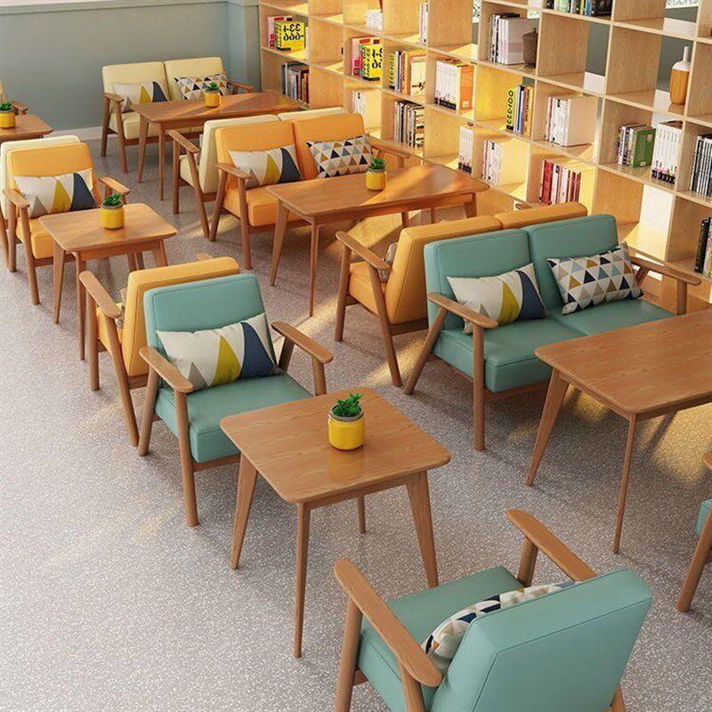 咖啡厅桌椅组合甜品店奶茶店图书馆阅览室休息区洽谈实木沙发茶几