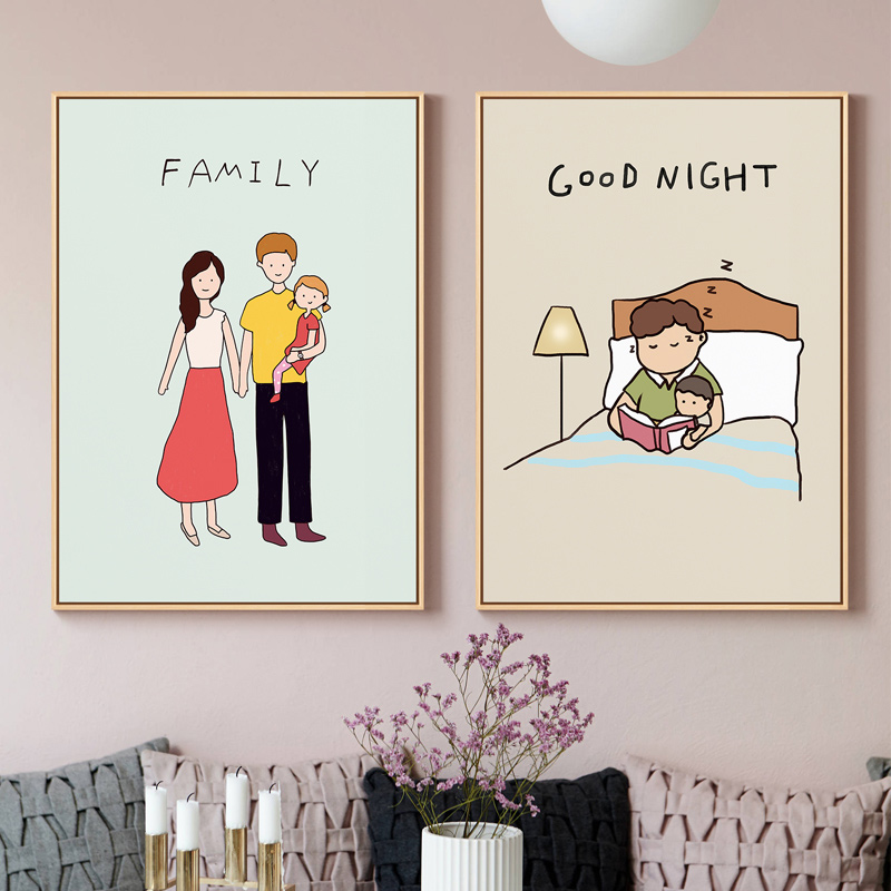 客厅装饰画简约现代卧室床头壁画三联卡通人物儿童房壁画幸福一家