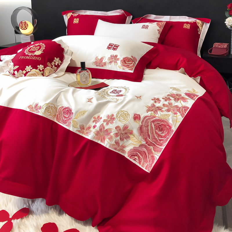 高档中式结婚四件高级感红色婚庆刺绣被牀单婚房喜被牀上用品