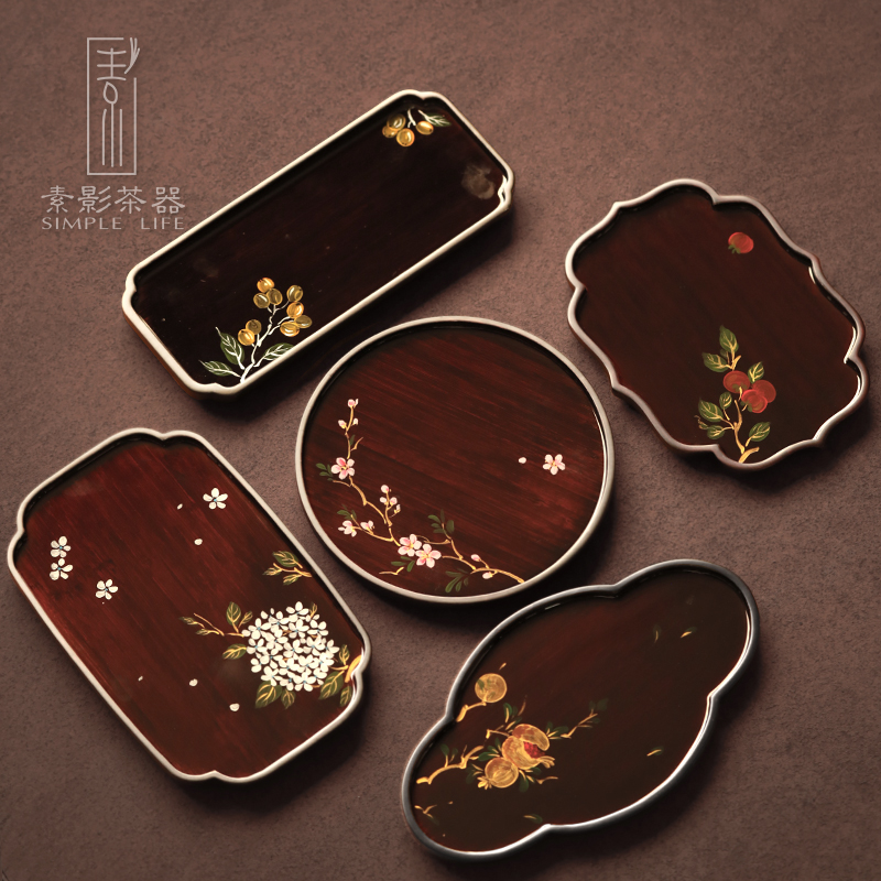 素影 手绘绣球花托盘 家用茶盘壶承圆形点心盘中式茶具复古干泡台