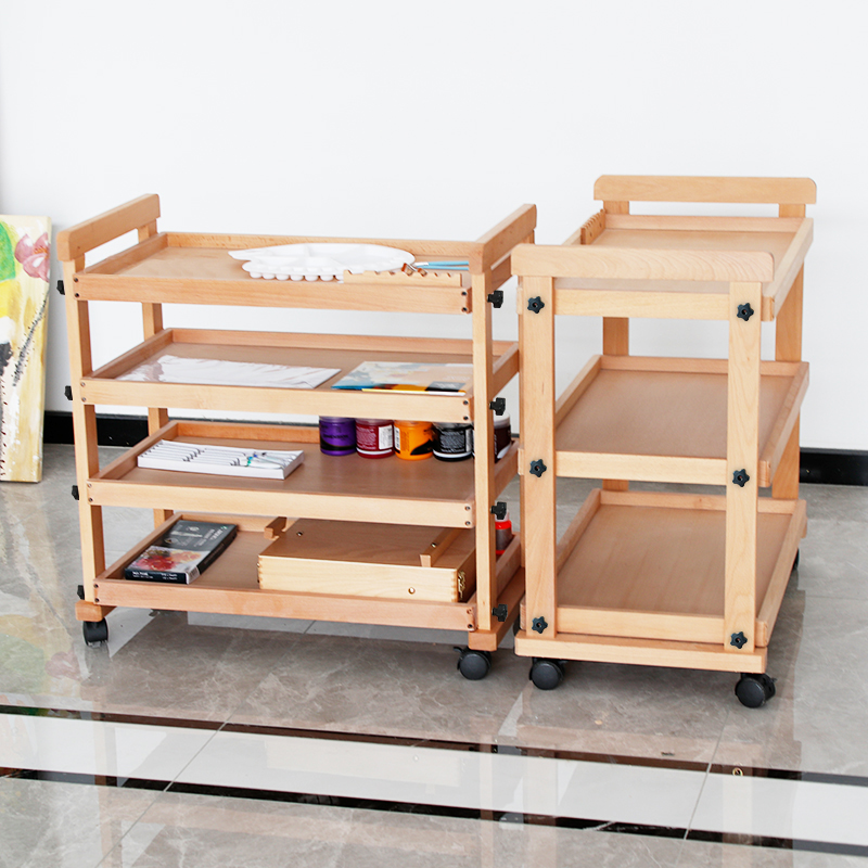 美术生专用画车三层四层榉木质油画小推车多功能美术颜料工具存放