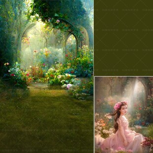法式 少女油画女孩拍照背景布莫奈油画童话森林儿童写真拍照背景布