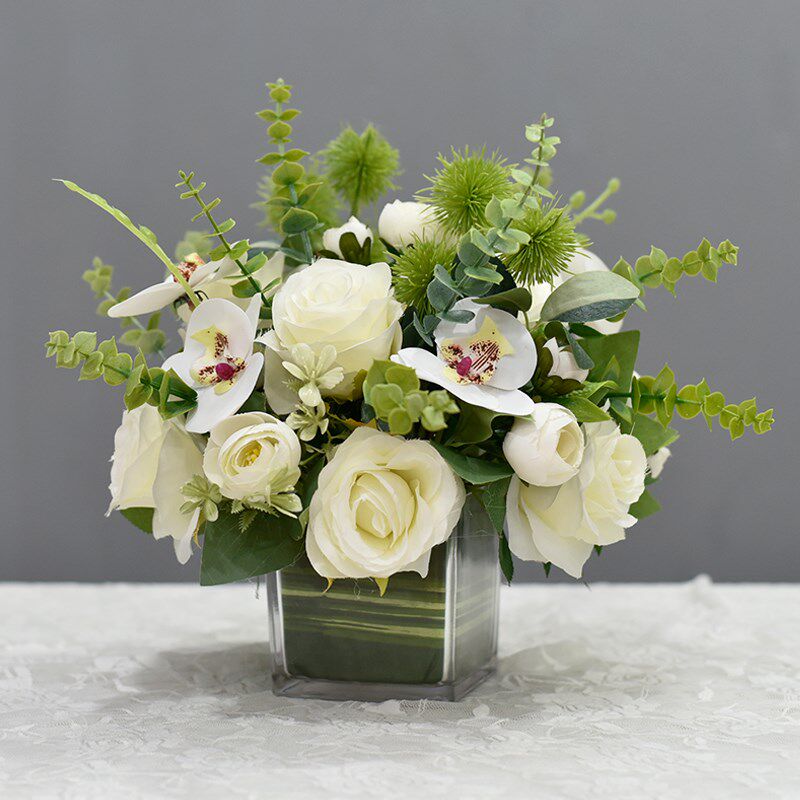 玻璃花瓶仿真假花茶机桌花客厅酒店餐厅饭店前台会议宴会桌面摆件