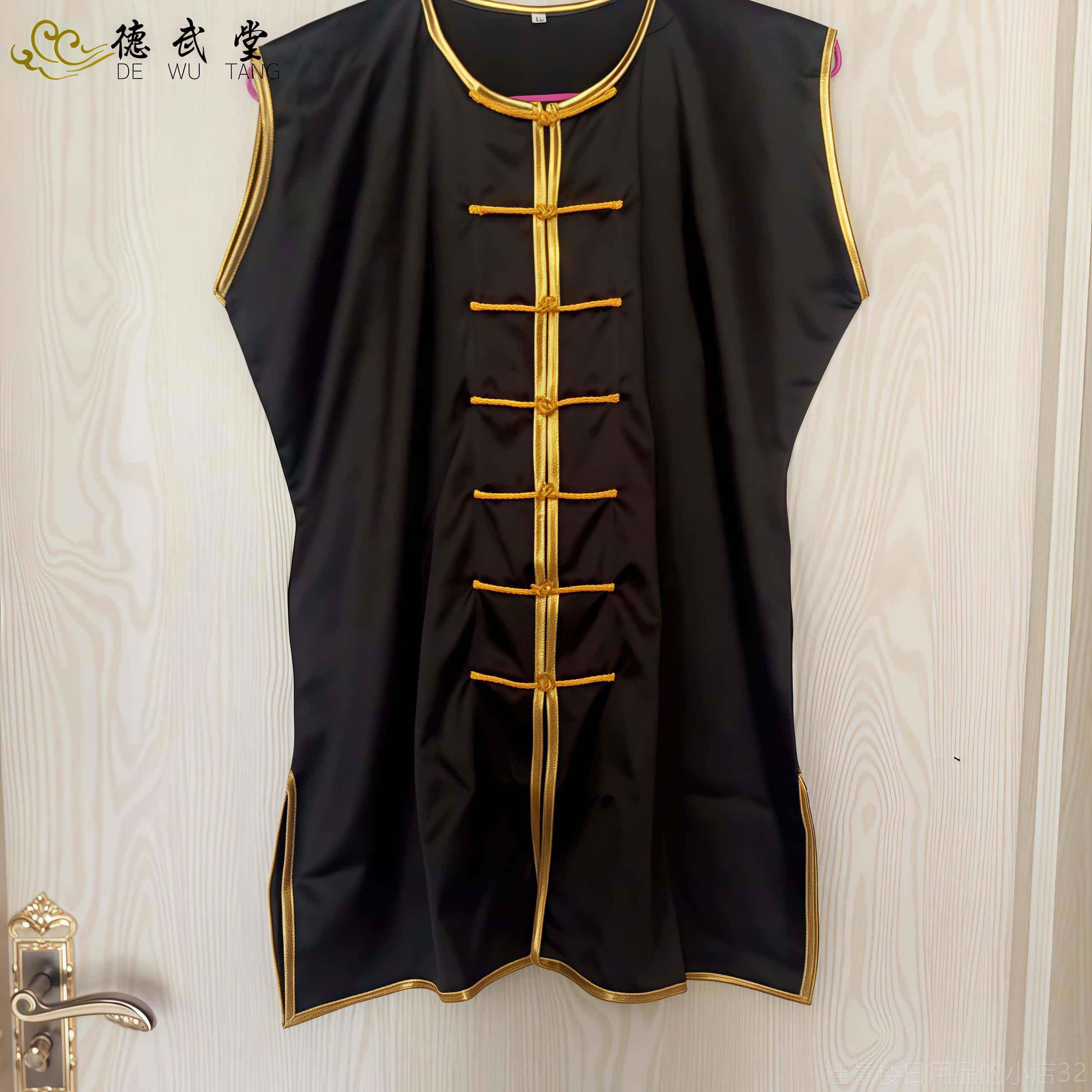 高档黑演色南红边拳服武术练功服表演服训练服男春服夏无袖黑黄团