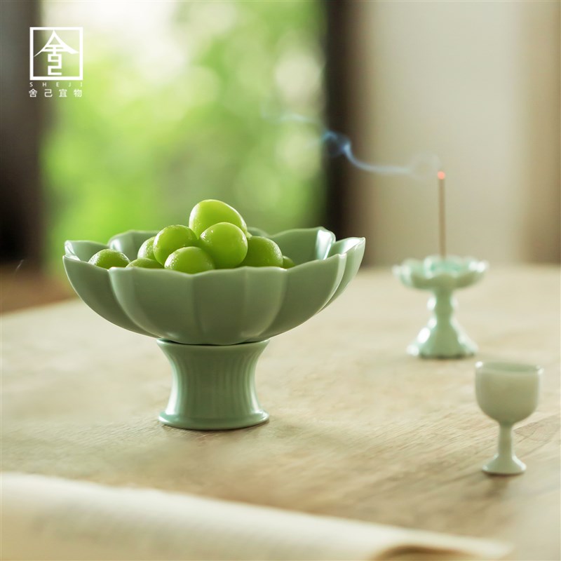 莲瓣沥水高脚陶瓷茶点盘小号精致点心盘零食盘中式茶歇糕点小吃盘