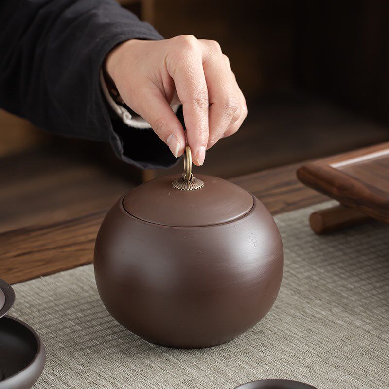 紫砂茶叶罐中号密封罐醒茶陶瓷普洱白茶圆形存储茶罐家用防潮盒子