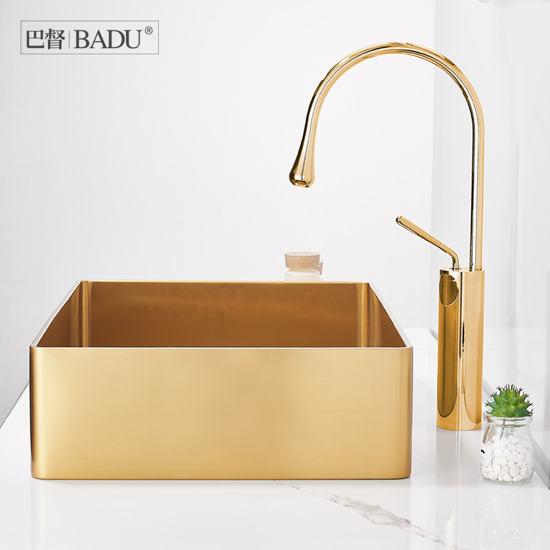 巴督30不锈钢台上盆简奢方形金色酒吧KTV面盆洗手盆卫生间洗脸盆