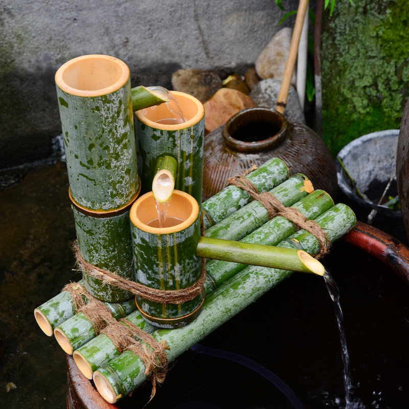 新鲜楠竹手工制作 三根竖流水竹排底座 鱼缸石槽竹子流水过滤器