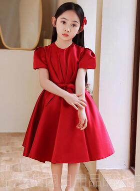 高档主持人礼服女童钢琴演演出服儿童公奏裙轻奢小众端红色晚主高