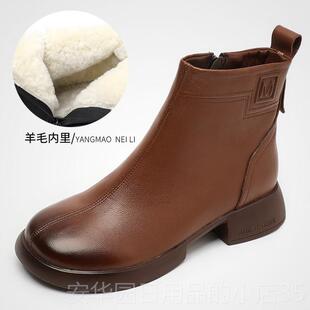 高档真皮靴女新款冬季底绒软短妈妈棉鞋防滑全牛皮靴子羊毛大加尺