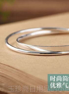 正品999纯银手镯日韩款女手时尚简约气质双环足饰银光送面镯女友