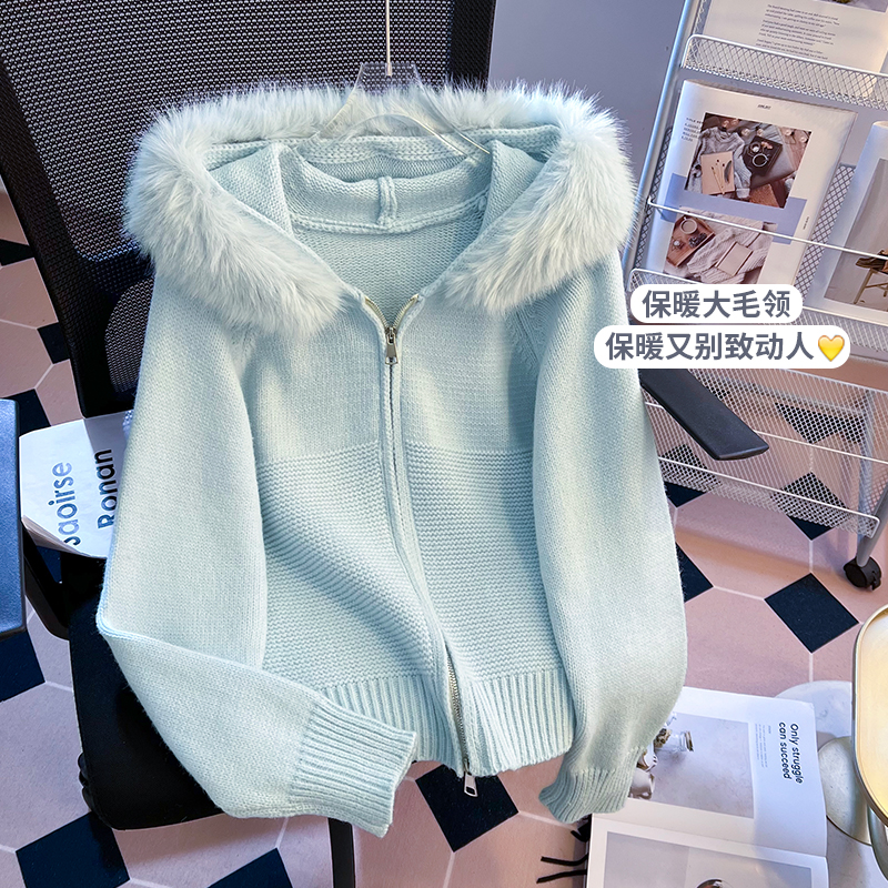涵悦瑜连帽毛领拉链针织开衫