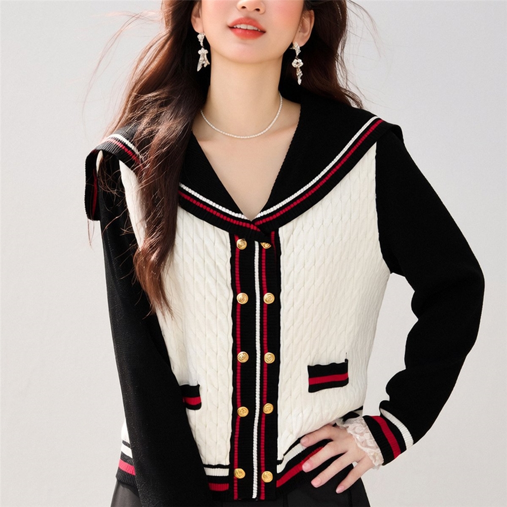 新款学院风海军路双排扣针织开衫女慵懒风撞色长袖毛衣