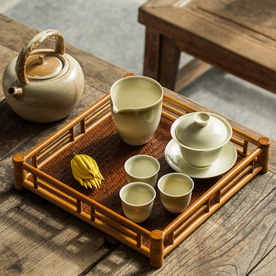 纯手工精编竹编茶托盘 文人文盘有高栏茶盘干泡台 手工竹编竹茶具