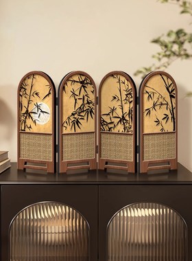 小屏风摆件中古风竹子新款桌面摆台画折叠折屏高级感电视柜装饰画