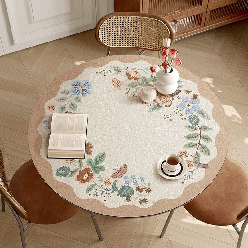 法瑞特法式奶茶色花朵皮革圆桌垫大圆形茶几餐桌台布氛围感防水油