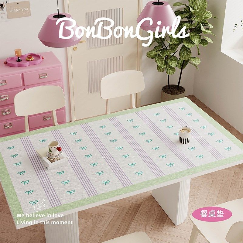 韩式蝴蝶结粉绿桌布皮革餐桌垫防水防油免洗高级感桌布办公书桌垫,居家布艺,桌布,淘宝优惠券,粉丝福利购,淘宝优惠卷