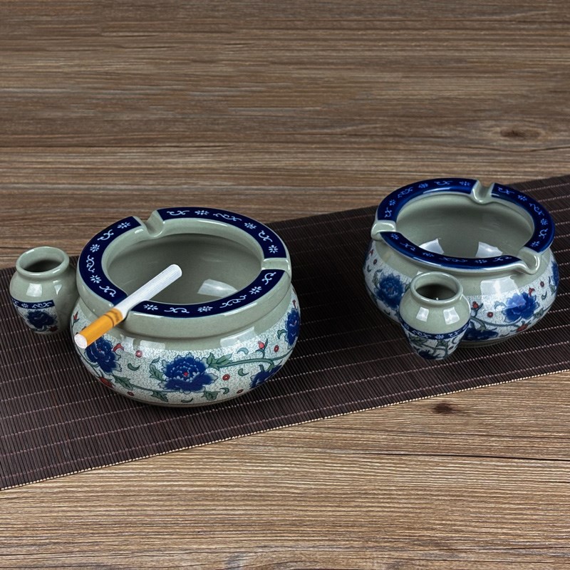 青花瓷防飞烟灰缸创意个性烟盅家用客厅中式奢华多功能陶瓷烟灰盅