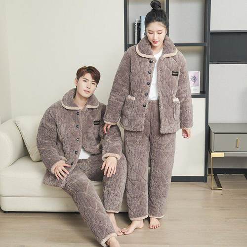 全棉纯棉情侣睡衣女秋冬季珊瑚绒三层夹棉加绒加厚男士开扣家居服