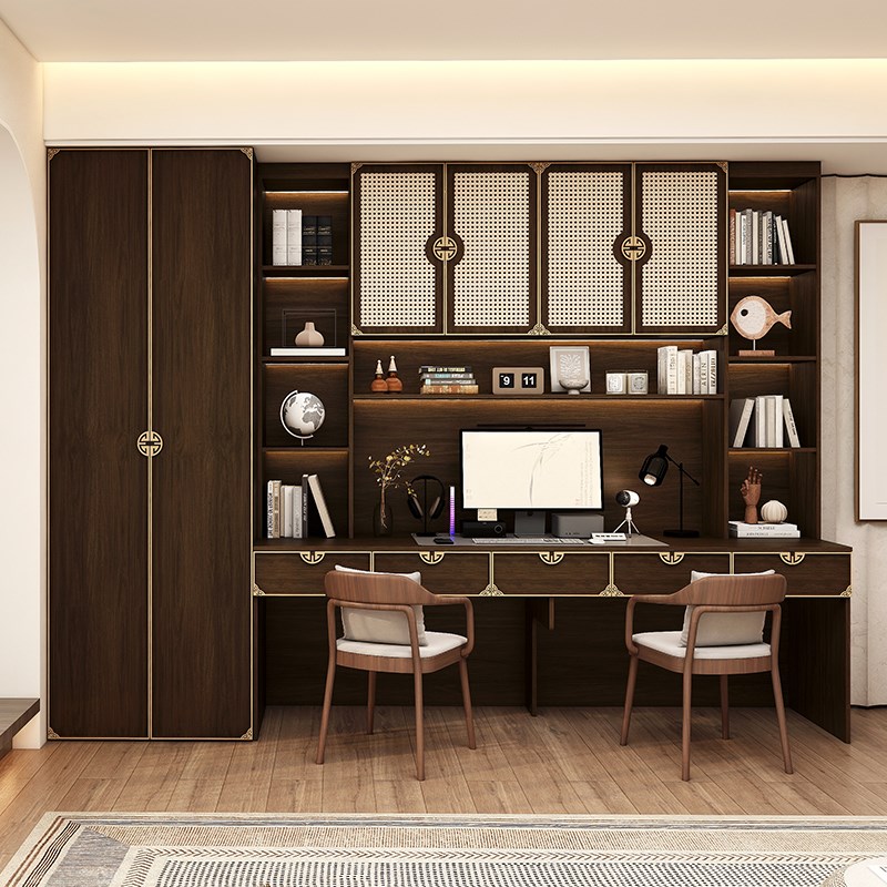 美拉德中古风实木书桌书柜一体家用卧室胡桃色书架现代简约学习桌