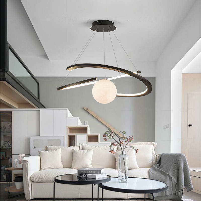 艺灯空间客厅卧室灯奶油风现代简约3D打印环月球设计感月球吊灯