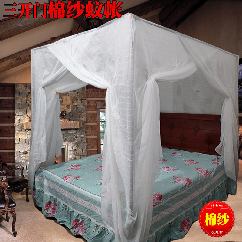 三开门棉纱蚊帐1.5米1.8m2米大床老式家用传统防尘顶支架莲花纹帐