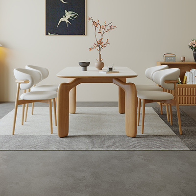 原木侘寂奶油风大象腿岩板餐桌椅组合法式复古实木家用饭桌长方形