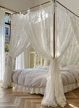 2021新款白色蕾丝蚊帐三开门落地1.8m家用宫廷民宿法式床幔公主风
