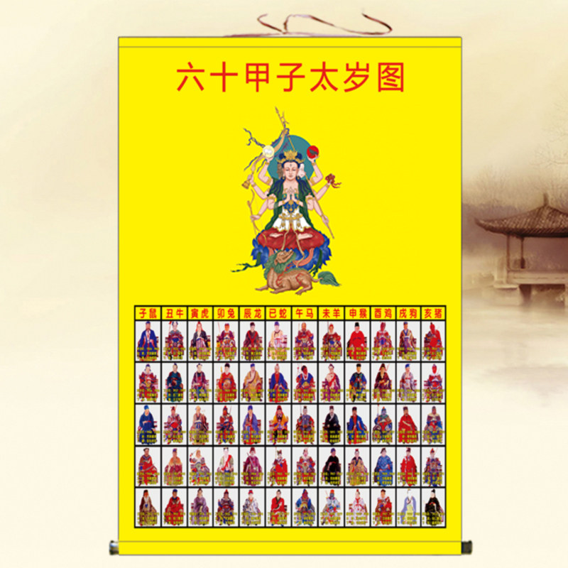 六十甲子太岁图挂画客厅玄关装饰画人物画像神像卷轴画道场水陆画