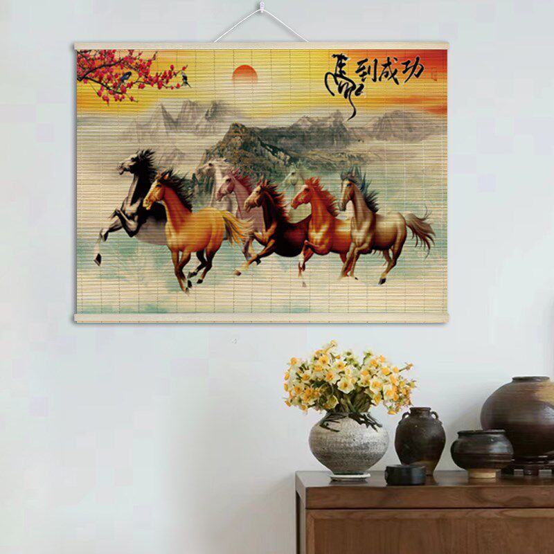印花竹帘国风装饰画客厅玄关背景墙竹艺横版挂画书房复古竹片挂帘