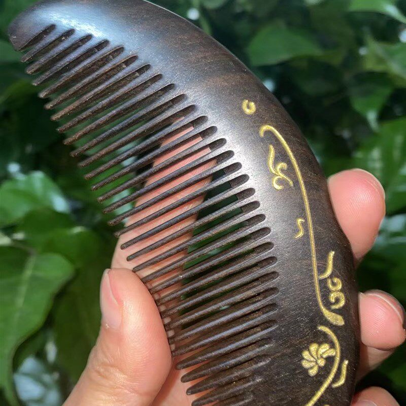 天然黑檀沉贵宝整木梳子描金彩绘按摩直发梳实用木梳子送礼老师女