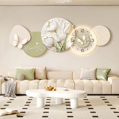 奶油风客厅装饰画带钟表花卉沙发背景墙挂画高级感餐厅卧室壁灯画