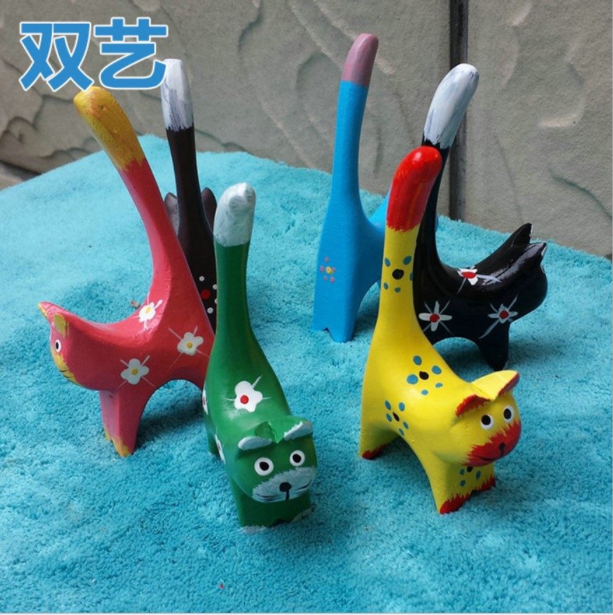 欧式彩绘纯手工木质磨削竖尾小猫6件套 家居桌面摆件儿童房装饰