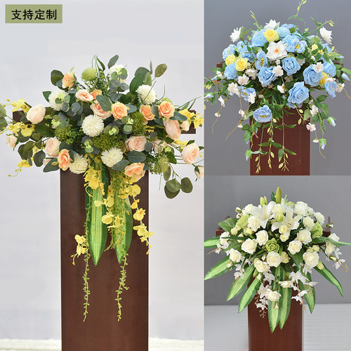 新款讲台花主席台绢花仿真花艺婚礼司仪台商务会议桌花前台布置