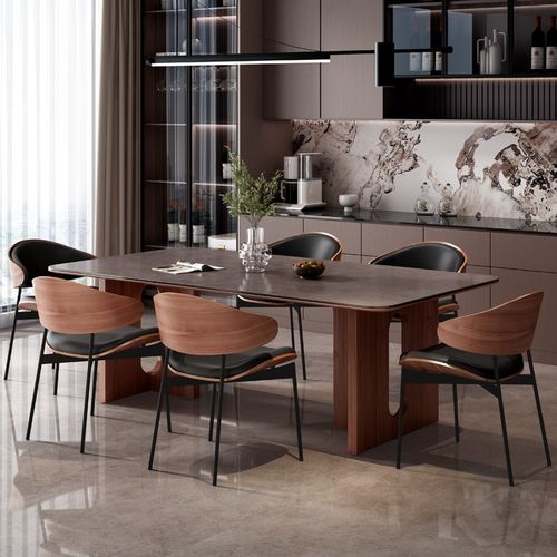 全实木餐桌中古风黑胡桃色现代简约意式极简黑色岩板方形餐桌椅