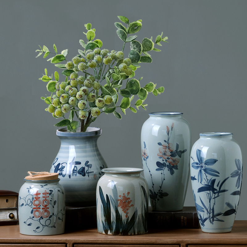 手绘青花瓷陶瓷花瓶花器干花水养鲜花复古中式客厅玄关摆件插花器
