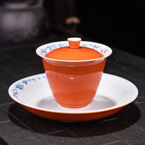 三才盖碗釉下手绘大号功夫茶具泡茶碗陶瓷茶杯套装橙色盖碗家用