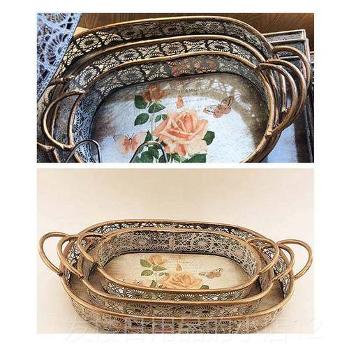 正品美式乡村复古件摆欧艺式收纳铁皮形铁托盘果盘茶盘收纳家方居