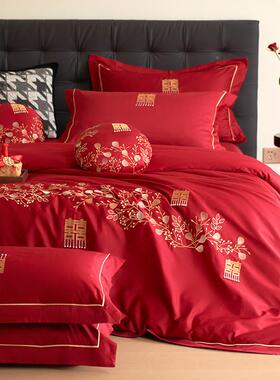 全浪漫婚庆品棉床单四件套红色100支刺大红绣婚嫁CFM被套床上用陪