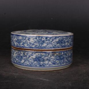 晚清窑青花手绘人文物对弈图印泥盒房摆件文玩瓷古董仿民GPX古器