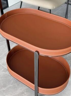 轻奢马鞍KMT皮移动沙发边几小推车用茶几客家角几床头厅柜带置轮