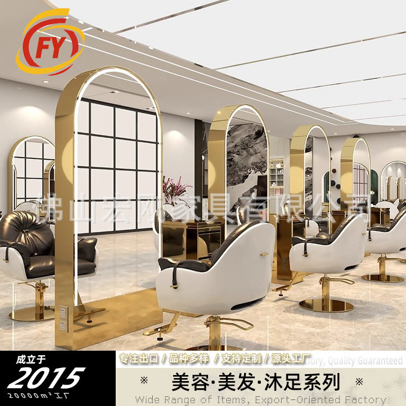 新款网红理发店镜子LED带灯落地全身镜美发店镜台发廊单双面