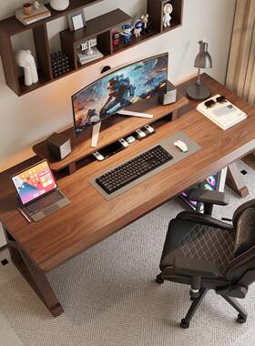 全脑实木双人电公桌GHI台式家用卧室电竞桌子飘窗型学习写字小办