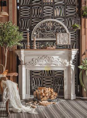 美式复古壁炉客装饰柜别法式IDV白色做家旧雕花假壁炉用摄墅厅影